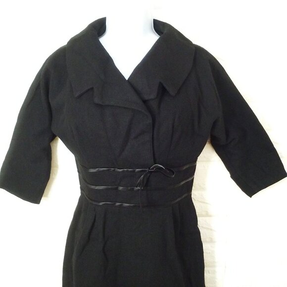 Vintage 50s Little Black Wiggle Dress Lady-M(8) Wool Cowl-Collar Zip-back Fitted - Picture 1 of 14